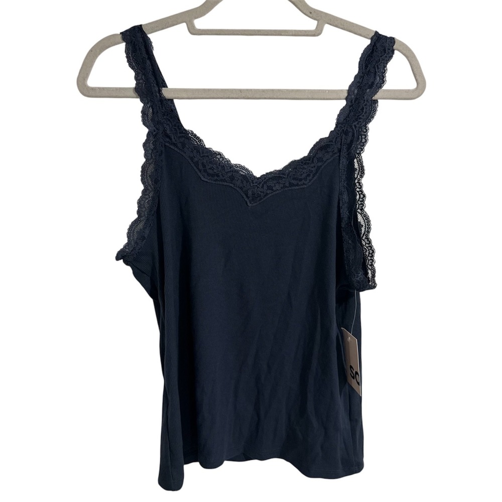 SO The Favorite Tank Womens XL Blue Lace Trim Ribbed V-Neck JG31K053RS NWT